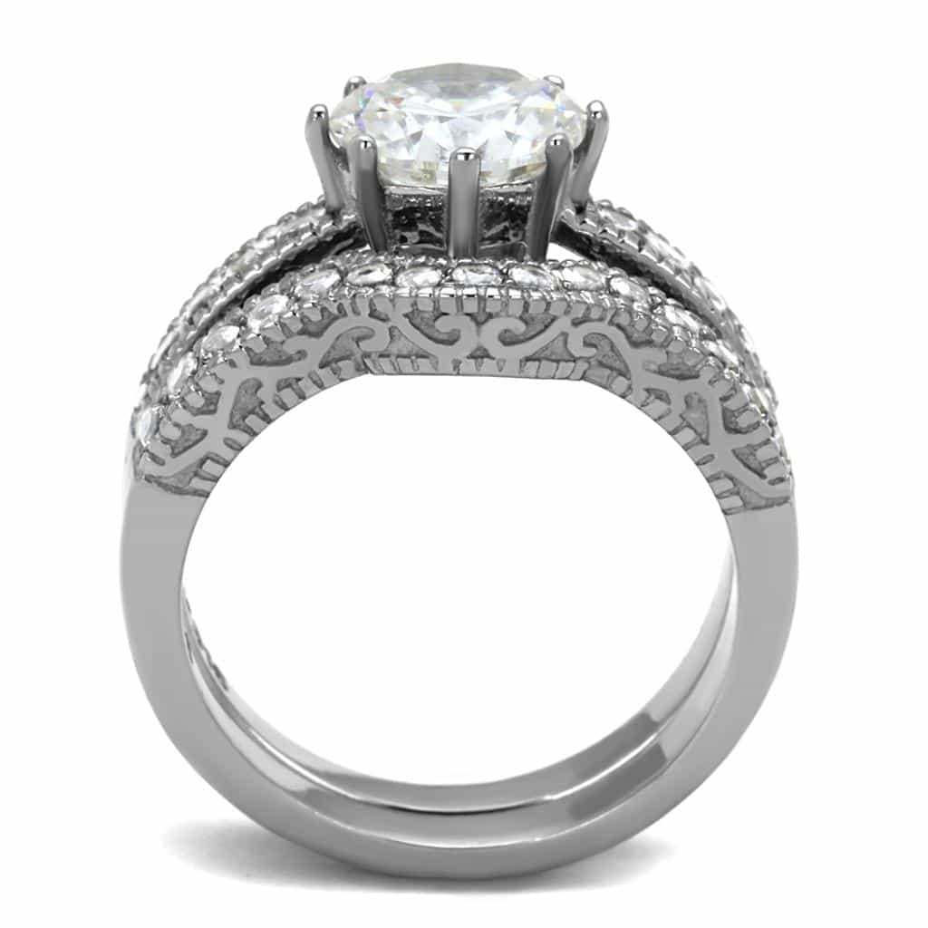 Stainless Steel CZ Round Pave Milgrain Bridal Set Ring view 5