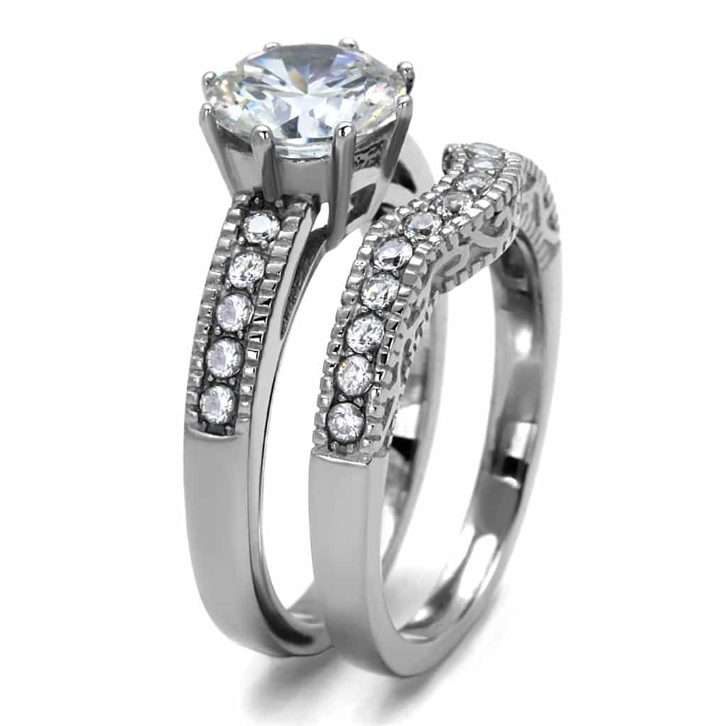 Stainless Steel CZ Round Pave Milgrain Bridal Set Ring view 7