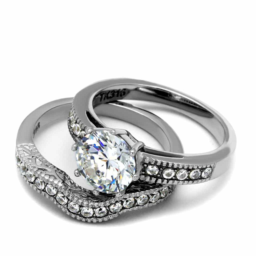 Stainless Steel CZ Round Pave Milgrain Bridal Set Ring view 9