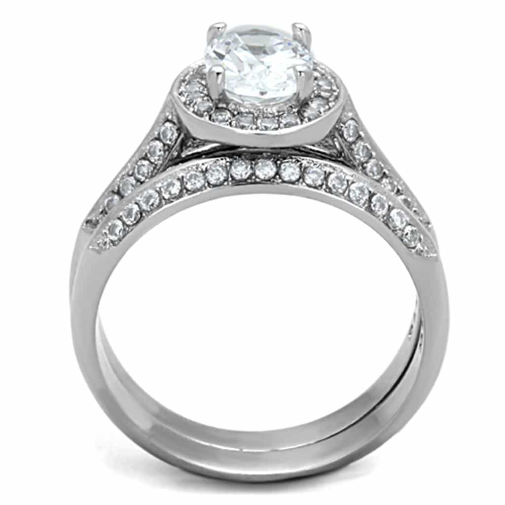 Stainless Steel CZ Oval Halo Pave Bridal Set Ring view 5