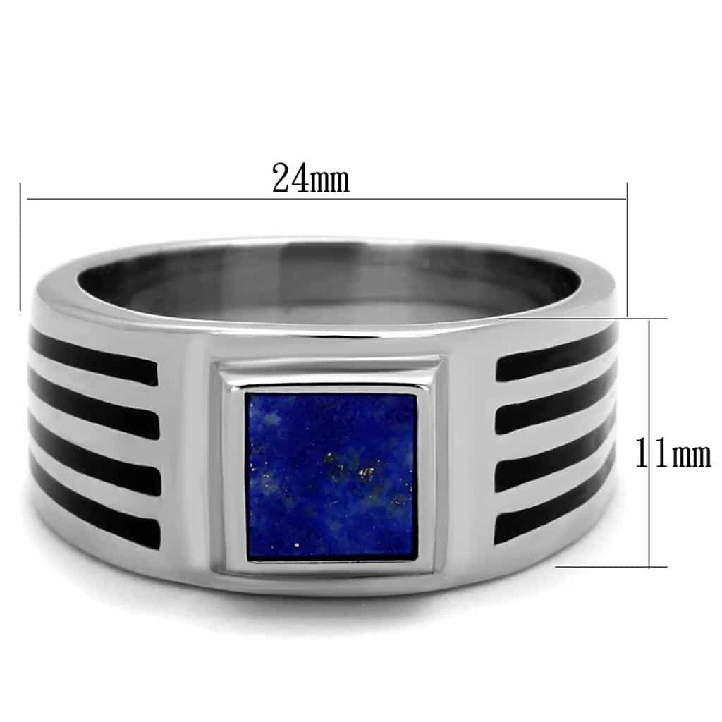 Stainless Steel Blue Lapis Lazuli Square Mens Signet Stripe Ring view 3