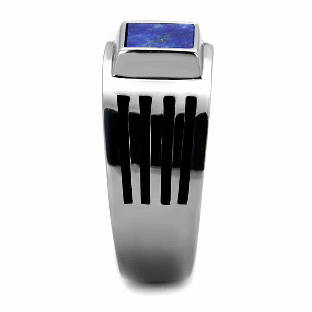 Stainless Steel Blue Lapis Lazuli Square Mens Signet Stripe Ring view 7