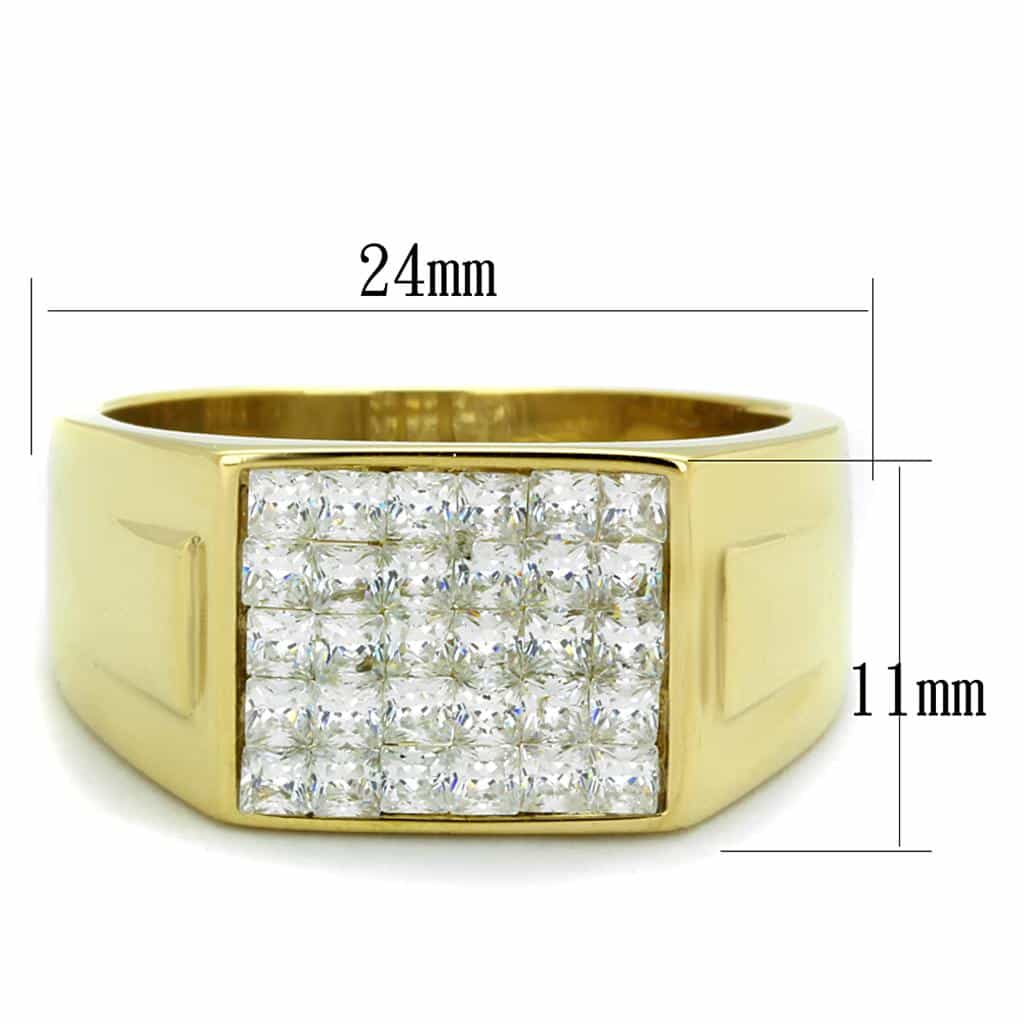 Stainless Steel Gold IP CZ Princess Grid Pave Mens Signet Ring view 3