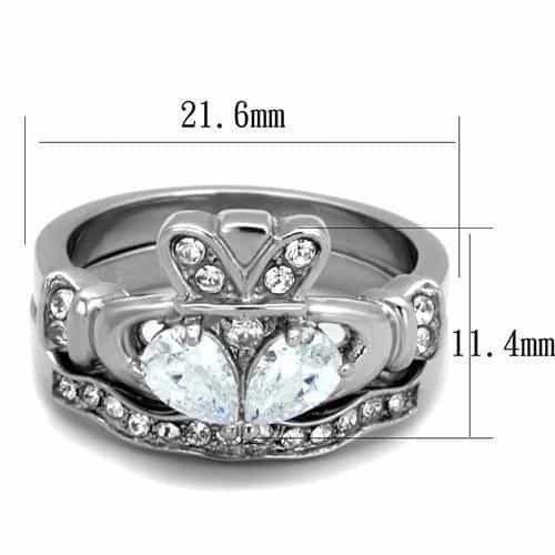 Stainless Steel CZ Claddagh Heart Crown Pave Bridal Set Ring view 3