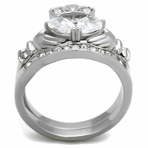 Stainless Steel CZ Claddagh Heart Crown Pave Bridal Set Ring view 5