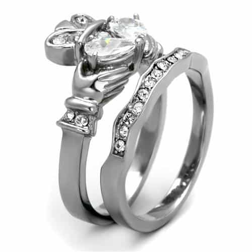 Stainless Steel CZ Claddagh Heart Crown Pave Bridal Set Ring view 7
