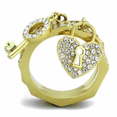 Stainless Steel Gold IP CZ Circle Padlock Keyhole Cocktail Ring view 5