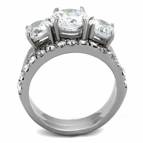 Stainless Steel CZ Three Stone Round Pave Bridal Set Ring view 4