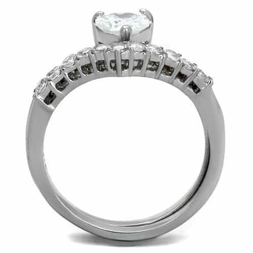 Stainless Steel CZ Heart Solitaire Round Pave Bridal Set Ring view 5