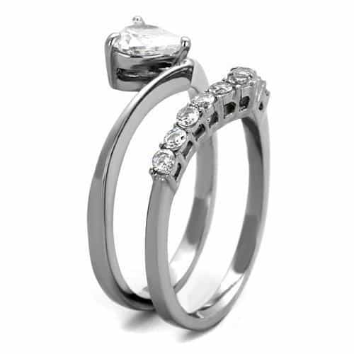 Stainless Steel CZ Heart Solitaire Round Pave Bridal Set Ring view 7