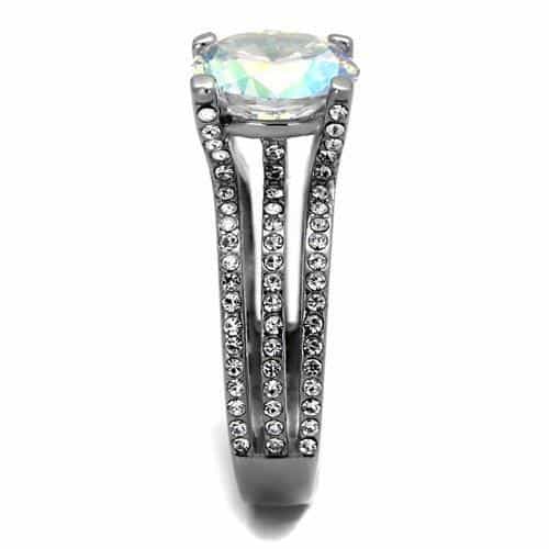 Stainless Steel CZ Round Aurora Borealis Halo Pave Bridal Ring view 5