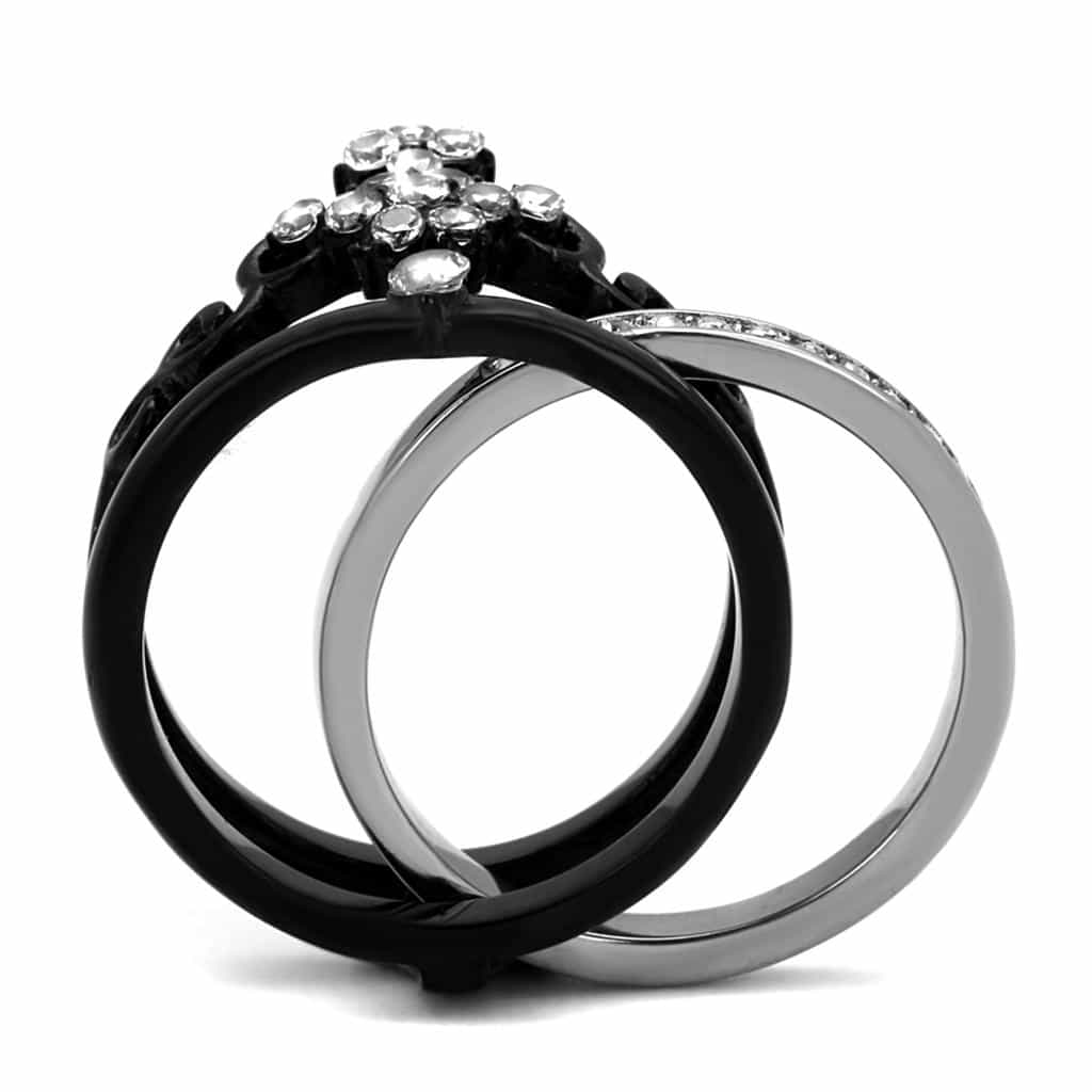 Stainless Steel Black IP CZ Flower Cross Channel Two Tone Ring view 5