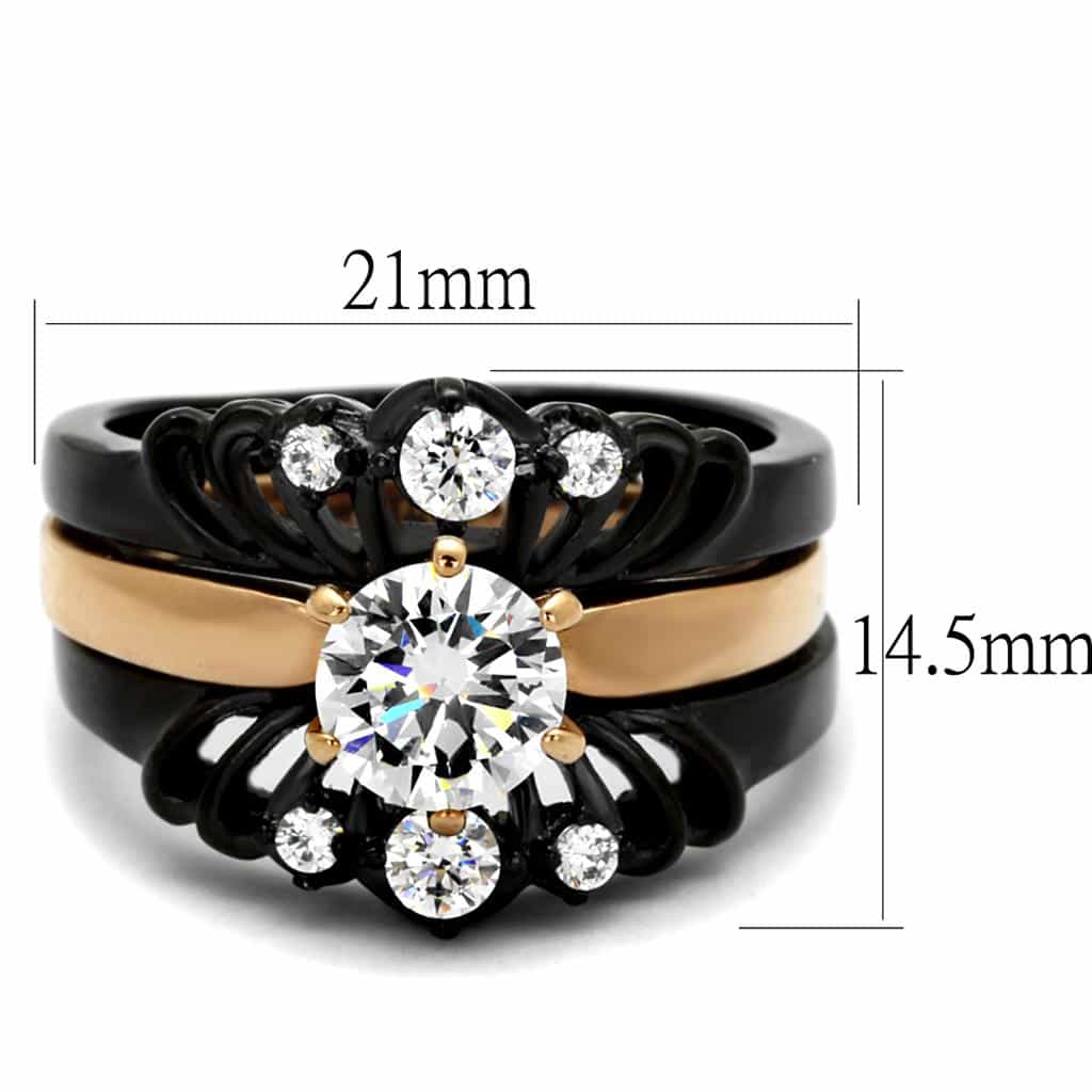Stainless Steel Black IP Rose Gold CZ Round Filigree Bridal Ring view 3