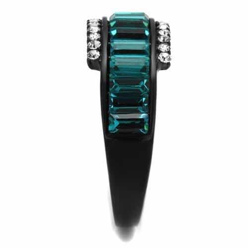Stainless Steel Black IP Teal Blue Baguette Channel CZ Pave Ring view 7