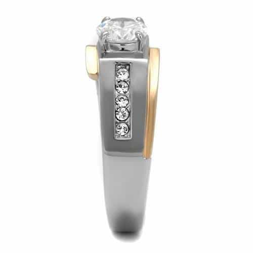 Stainless Steel Two Tone Rose Gold CZ Round Bezel Pave Mens Ring view 7
