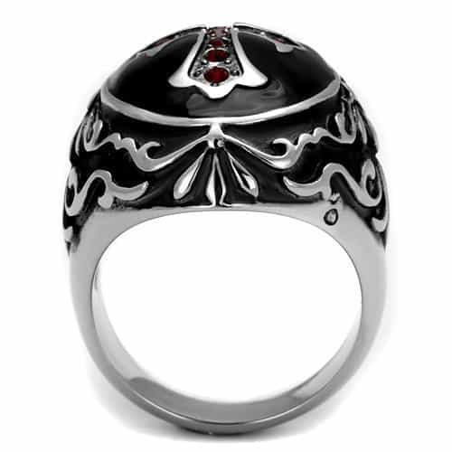 Stainless Steel Red Garnet CZ Gothic Cross Ornate Dome Ring view 5