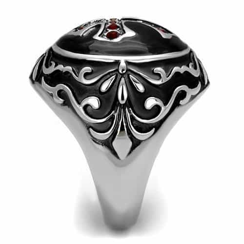 Stainless Steel Red Garnet CZ Gothic Cross Ornate Dome Ring view 7