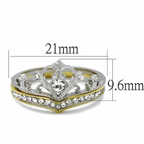 Stainless Steel Two Tone Silver Gold CZ Crown Tiara Bridal Ring view 3