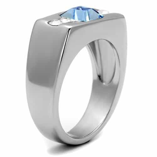 Stainless Steel Light Blue CZ Princess Channel Mens Ring view 7