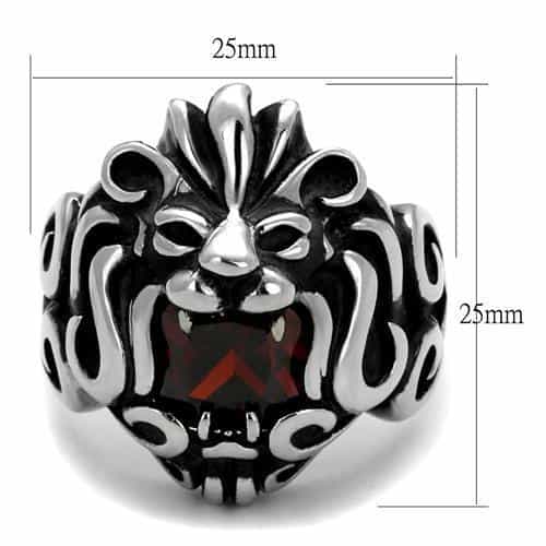 Stainless Steel Antiqued Lion Face Garnet Red CZ Ring view 3
