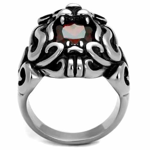 Stainless Steel Antiqued Lion Face Garnet Red CZ Ring view 5