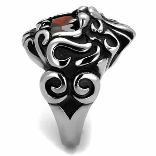 Stainless Steel Antiqued Lion Face Garnet Red CZ Ring view 7