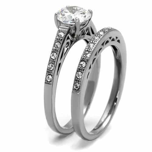 Stainless Steel Dark Gunmetal CZ Round Filigree Pave Bridal Ring view 7