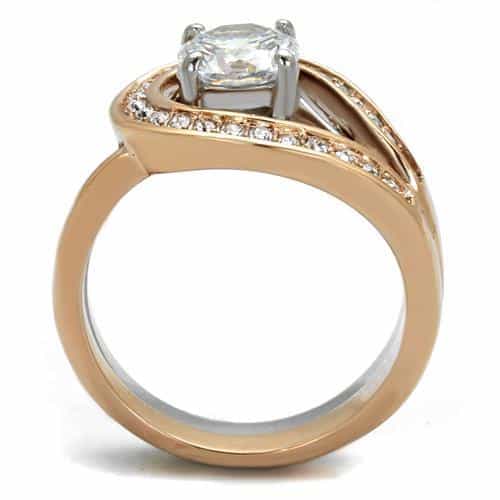 Stainless Steel Rose Gold Two Tone CZ Round Bypass Pave Ring view 5