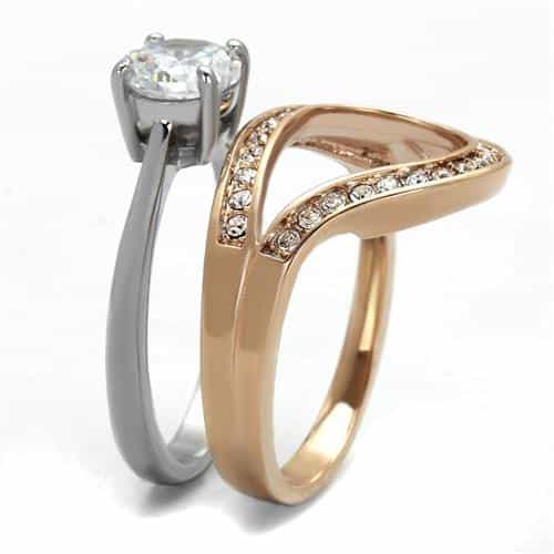 Stainless Steel Rose Gold Two Tone CZ Round Bypass Pave Ring view 7