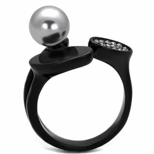 Stainless Steel Black IP Gray Pearl Onyx CZ Open Bypass Ring view 5