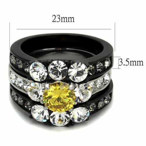 Stainless Steel Two Tone Black IP Yellow CZ Cushion Halo Ring view 3