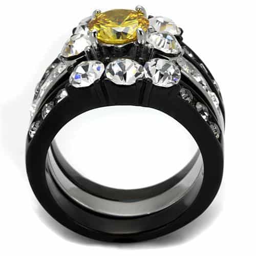 Stainless Steel Two Tone Black IP Yellow CZ Cushion Halo Ring view 5