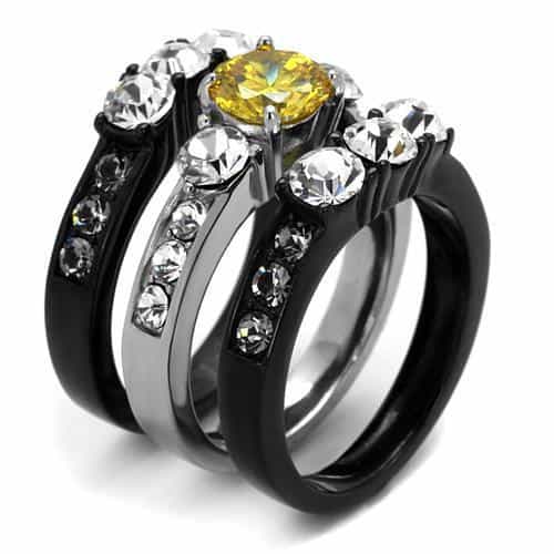 Stainless Steel Two Tone Black IP Yellow CZ Cushion Halo Ring view 7