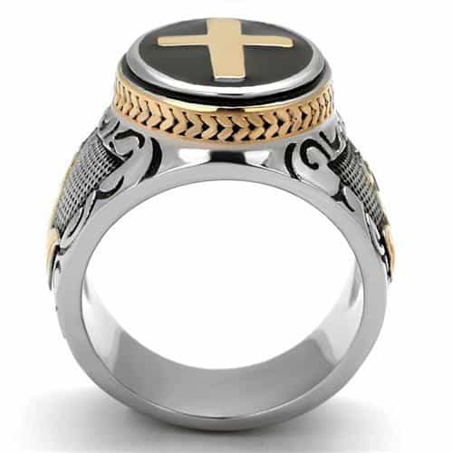 Stainless Steel Two Tone Gold Cross Black Enamel Scroll Ring view 5