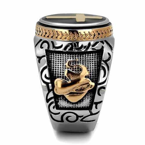 Stainless Steel Two Tone Gold Cross Black Enamel Scroll Ring view 7