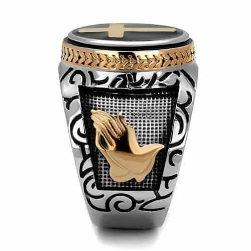Stainless Steel Two Tone Gold Cross Black Enamel Scroll Ring view 9
