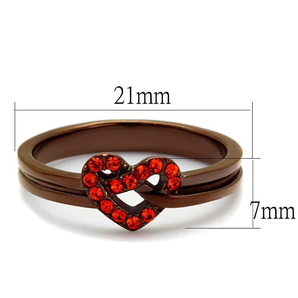 Stainless Steel Coffee Brown IP Orange Red CZ Pave Heart Ring view 3