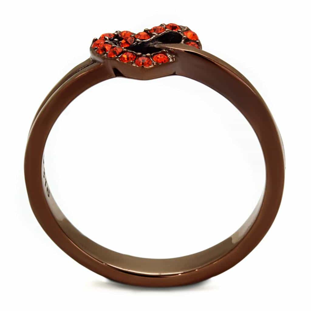 Stainless Steel Coffee Brown IP Orange Red CZ Pave Heart Ring view 5
