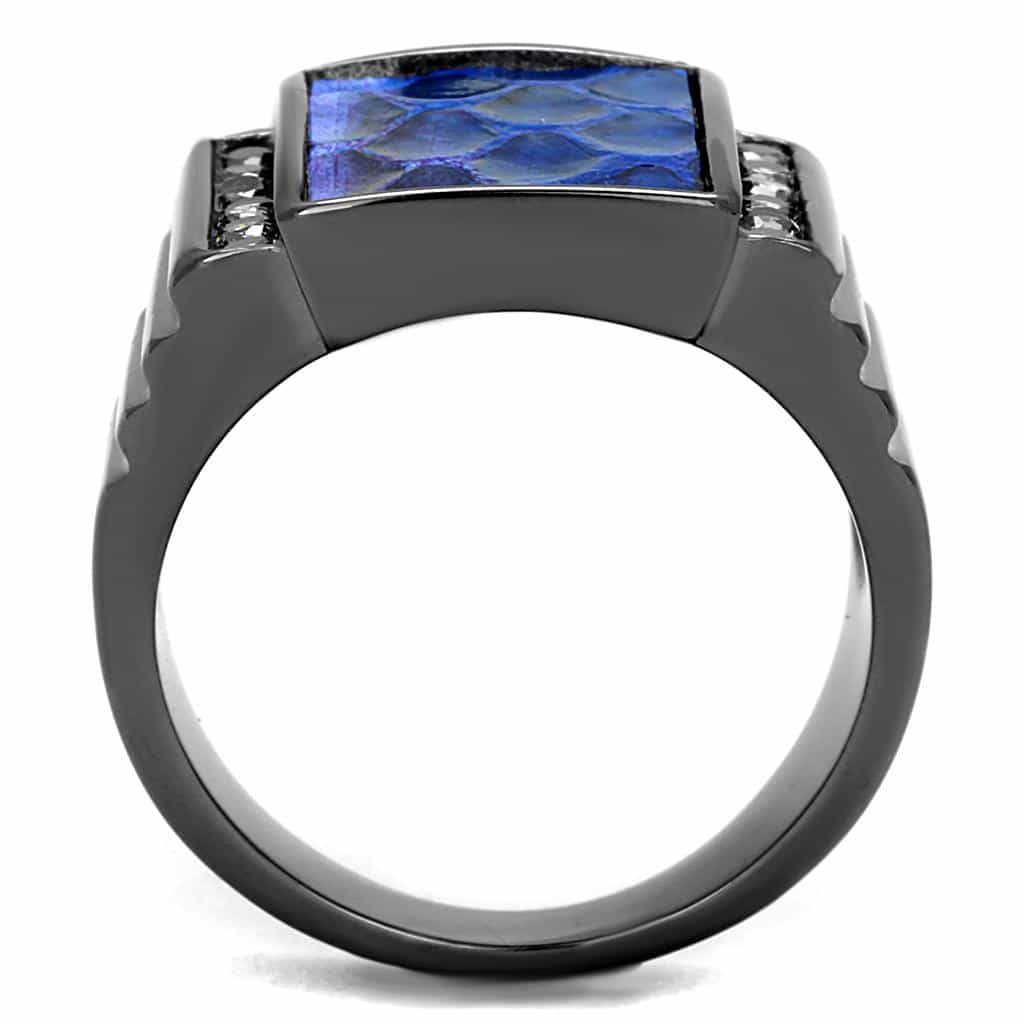 Stainless Steel Dark Gunmetal Blue Snakeskin Inlay CZ Square Ring view 5