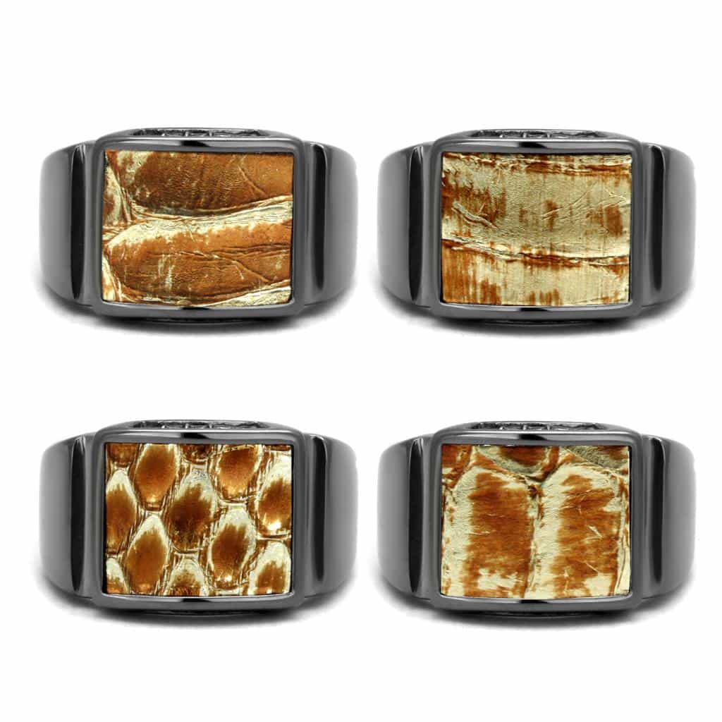 Stainless Steel Dark Gunmetal Gold Snakeskin Inlay CZ Square Ring view 9