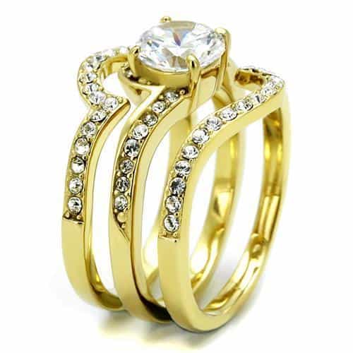 Stainless Steel Gold IP CZ Round Solitaire Pave Bridal Stack Ring view 7
