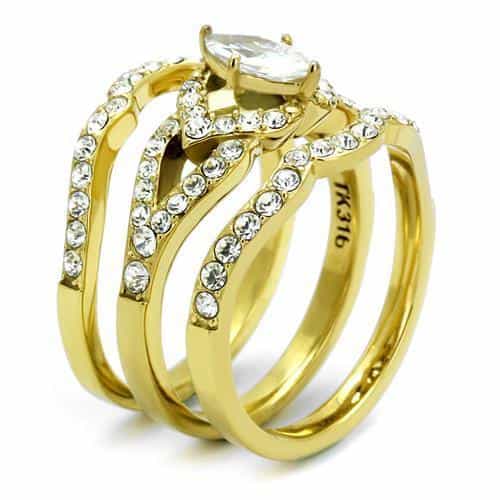 Stainless Steel Gold IP CZ Marquise Pave Crown Bridal Stack Ring view 7