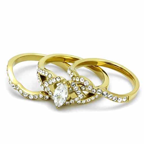 Stainless Steel Gold IP CZ Marquise Pave Crown Bridal Stack Ring view 9