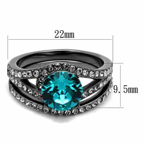 Stainless Steel Dark Gunmetal Aquamarine Blue CZ Round Pave Ring view 3