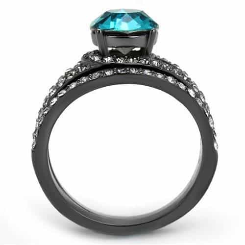 Stainless Steel Dark Gunmetal Aquamarine Blue CZ Round Pave Ring view 5