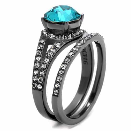 Stainless Steel Dark Gunmetal Aquamarine Blue CZ Round Pave Ring view 7