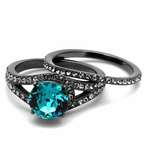 Stainless Steel Dark Gunmetal Aquamarine Blue CZ Round Pave Ring view 9