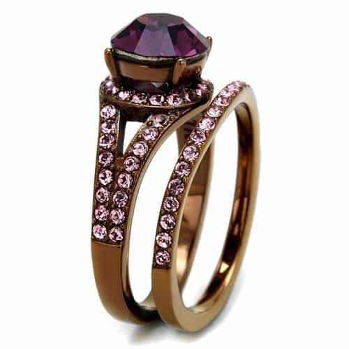 Stainless Steel Coffee Brown IP Amethyst Purple CZ Round Ring view 7