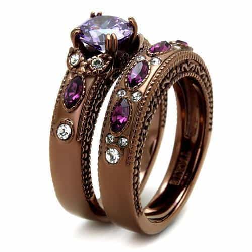 Stainless Steel Coffee Brown IP Amethyst Purple Marquise CZ Ring view 7