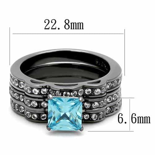 Stainless Steel Dark Gunmetal Aquamarine Blue CZ Princess Ring view 3